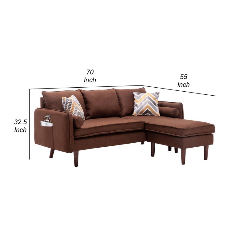 Ranon 70 Inch Sectional Chaise Sofa, Pillows, USB Ports, Side Pockets Brown - Benzara