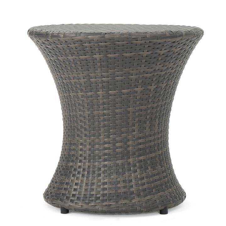 Loco Outdoor Side Table, Hourglass Shape, Round 20 Inch, Gray Rattan - Benzara