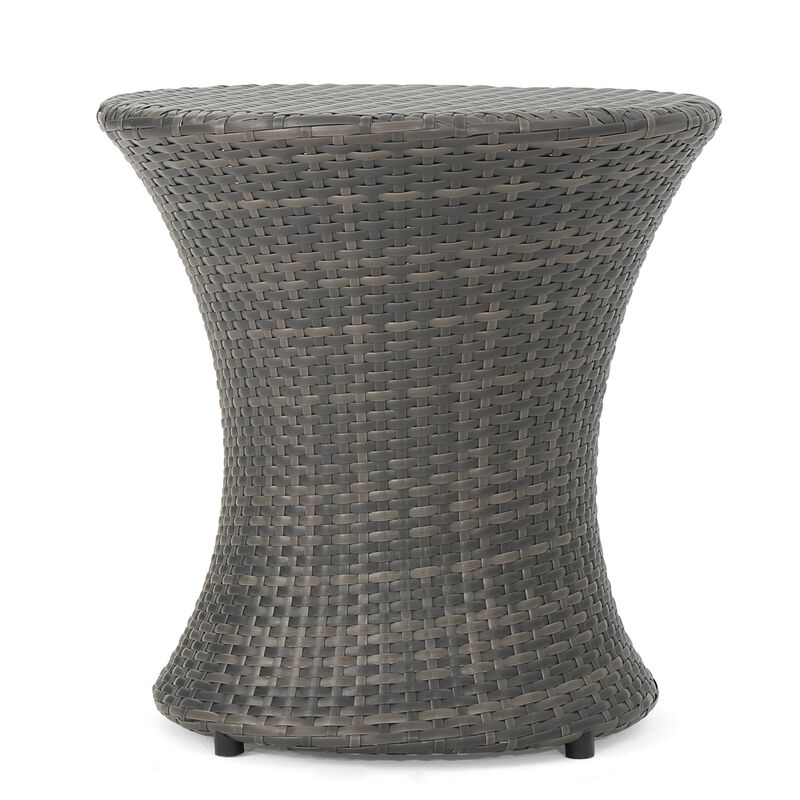 Loco Outdoor Side Table, Hourglass Shape, Round 20 Inch, Gray Rattan - Benzara
