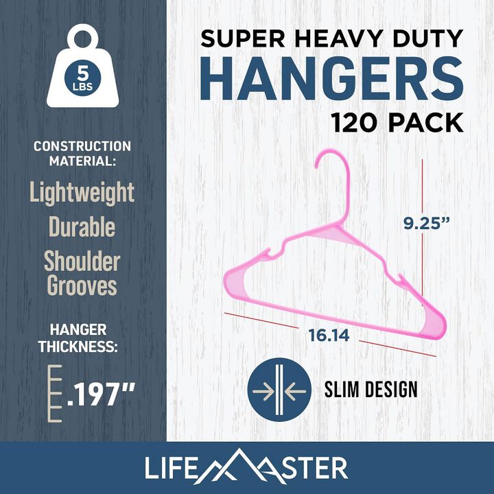 Plastic Clothes Hangers – Heavy Duty Hanger Set, for Organizing Clothes, Dresses, and Coat, Holds Up to 5 lbs, Space-Saving Hangers with Non-Slip Shoulder Grooves, Pack of 120, Pink
