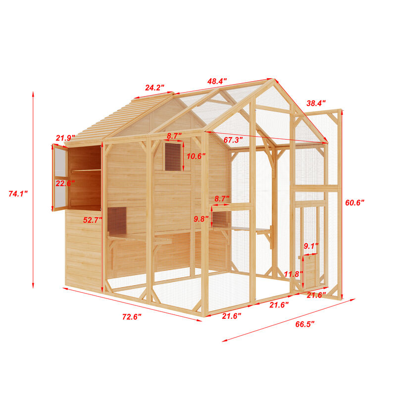 FUFU&GAGA Wood Convertible Chicken Coop & Rabbit Hutch with Triangular Top, Outdoor Mesh Design, and Weather-Resistant Features, (72.6" L x 66.5" W x 74.1" H), Yellow