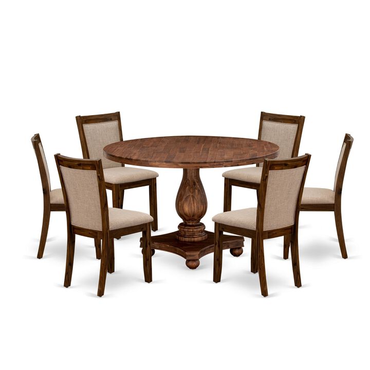 East West Furniture I2MZ7-N04 7-Piece Dinner Table Set - Round Modern Dining Table and 6 Light Tan Color Parson Wood Dining Chairs with High Back - Antique Walnut Finish