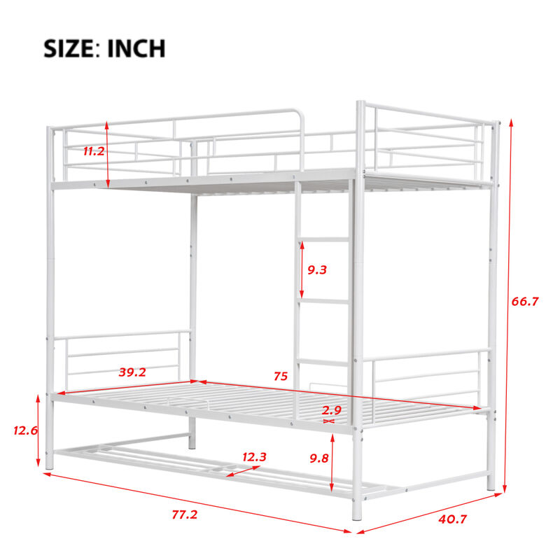 Twin Over Twin Metal Bunk Bed With Shelf And Guardrails, White