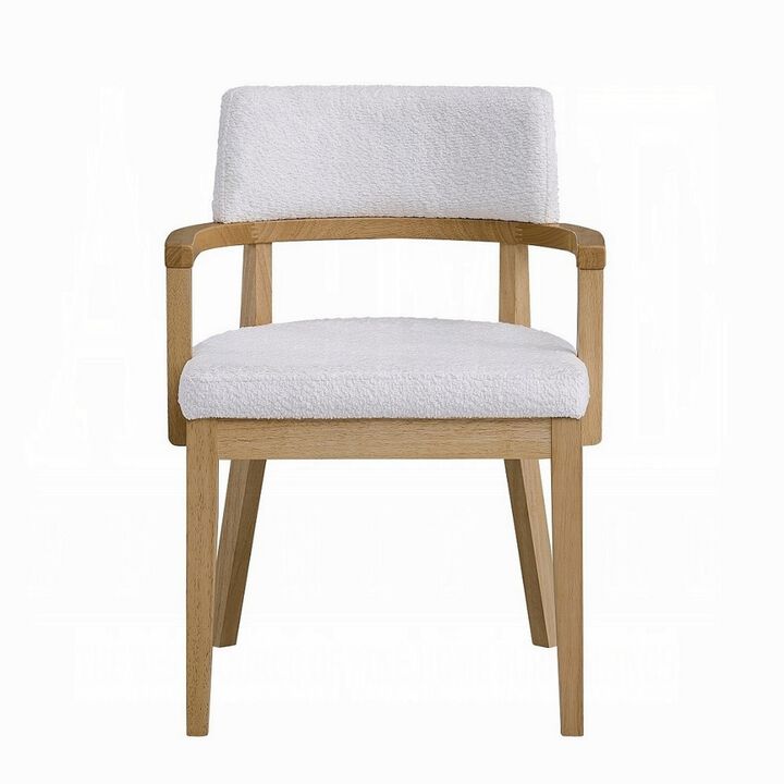 Semi Dining Armchair Set of 2, Curved Cutout Back, White Fabric, Brown - Benzara
