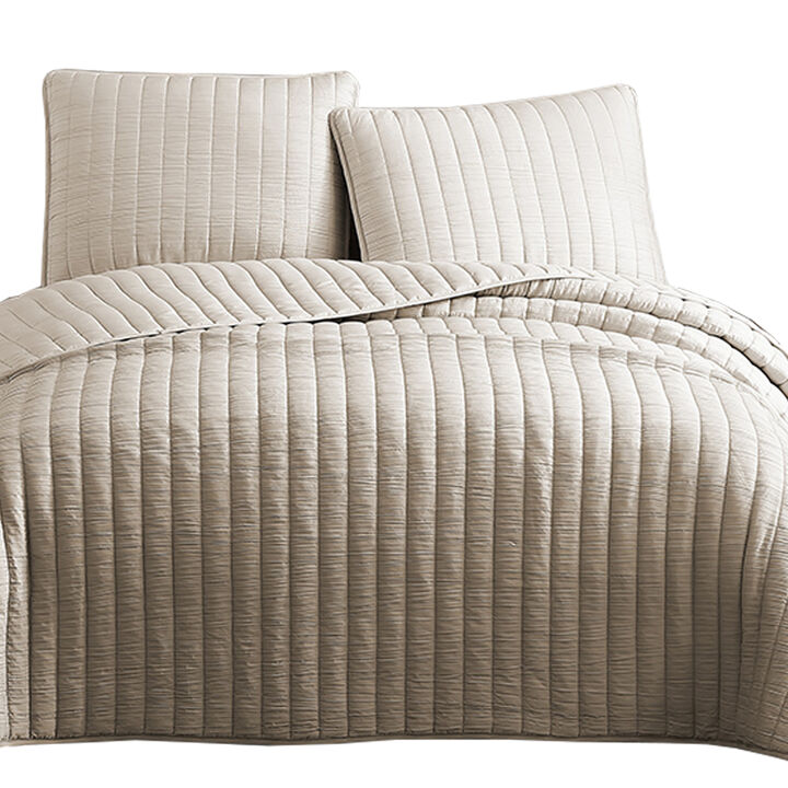 3 Piece Crinkles King Size Coverlet Set with Vertical Stitching, Brown-Benzara