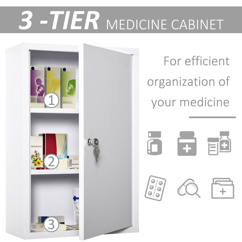 Wall-Mounted Medicine Storage 3 Tier Lockable First Aid Unit Bathroom Organizer
