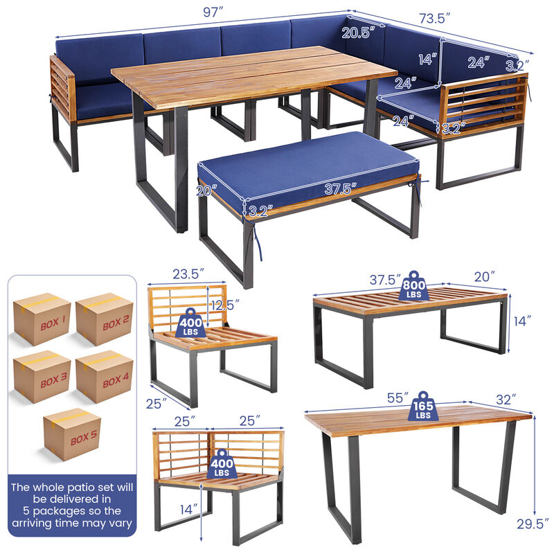 8 Pieces Patio Acacia Wood Dining Table Set with Ottoman Cushions-Navy