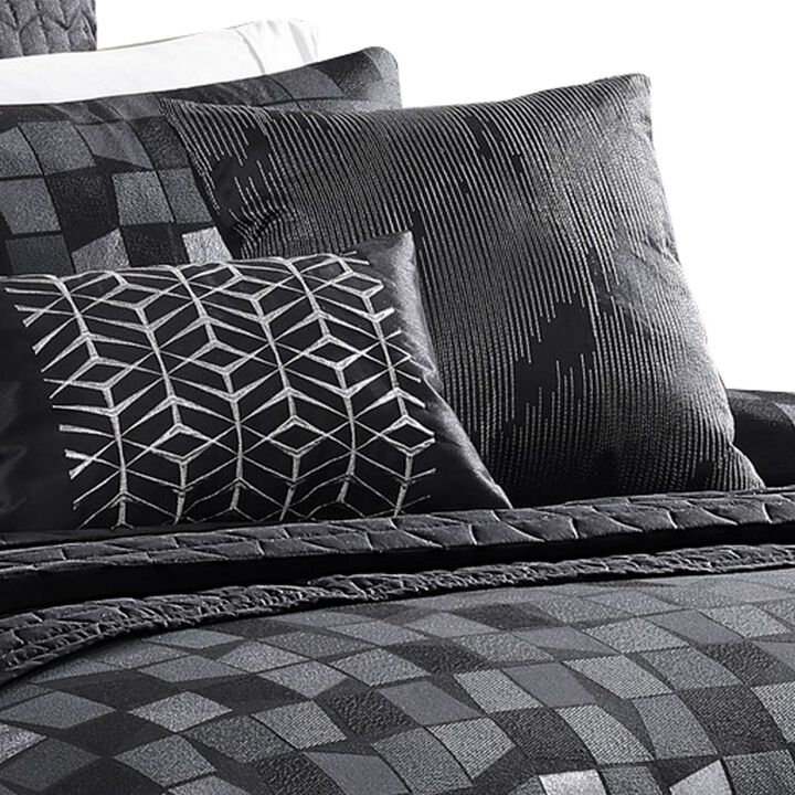 Eve 10 Piece King Comforter Set, 3 Pillows, Luxurious Black Woven Jacquard - Benzara