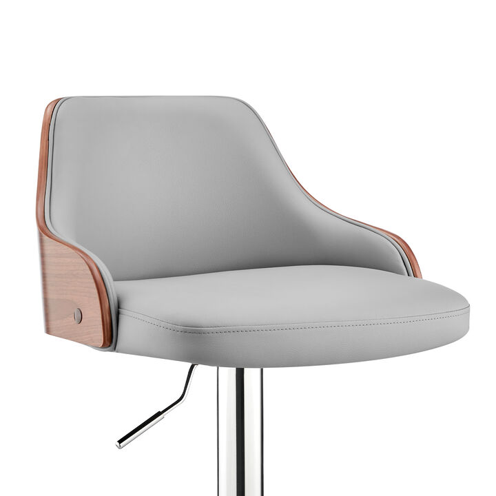 Faux Leather and Metal Adjustable Bar Stool, Gray and Silver-Benzara