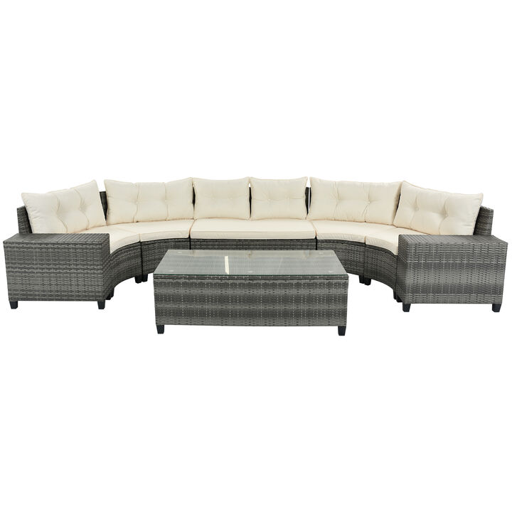 Whisen Outdoor Wicker Round Sofa Set, Half-Moon Sectional Sets All Weather, Curved Sofa Set With Rectangular Coffee Table
