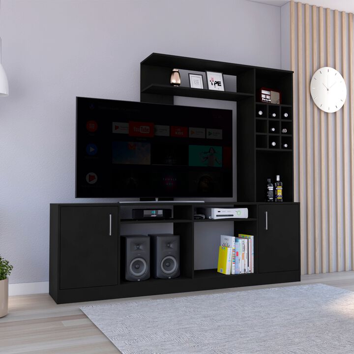 King Entertainment Center for TV�s up 78", Double Door Cabinet, Storage Spaces, Six External Shelves, Black