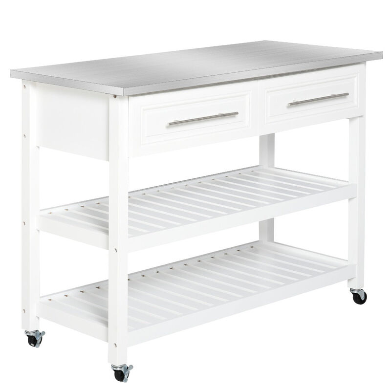 Sleek Kitchen Helper: White Rolling Cart with Steel Top & Glass Door