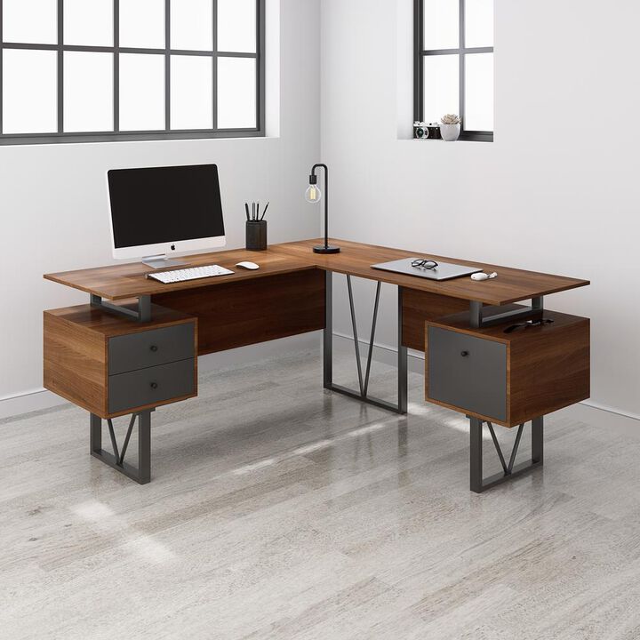 Techni Mobili Reversible L-Shape Computer Desk, Drawers and File Cabinet, Walnut