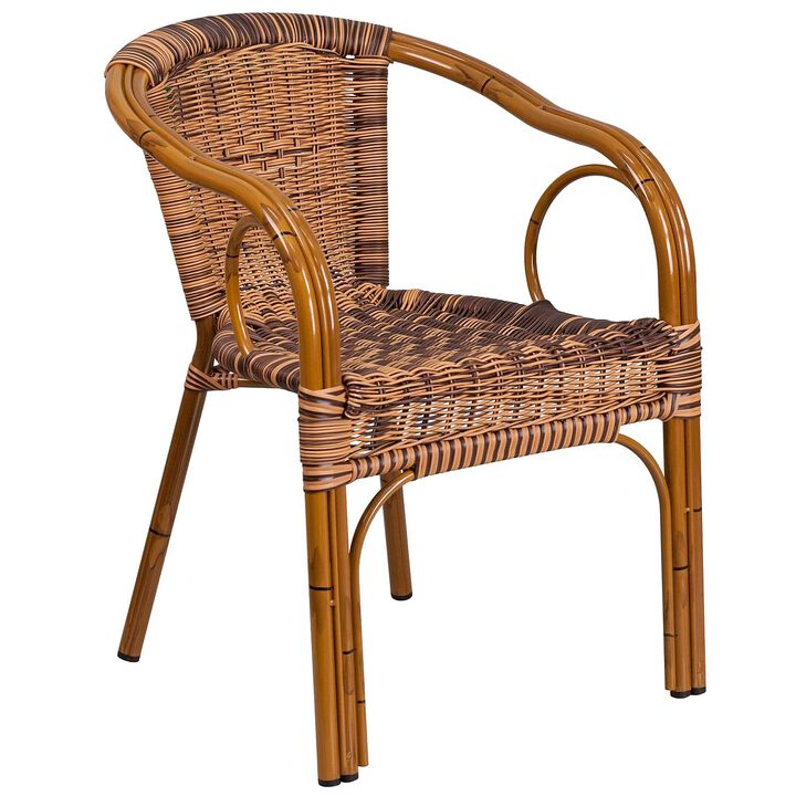 Flash Furniture Cadiz Series Dark Red Bamboo-Aluminum Indoor-Outdoor Restaurant-Patio Chair with Burning Brown Rattan