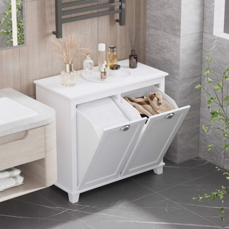 Tilt-Out Laundry Sorter Cabinet, Bathroom Organizer with Storage Compartments