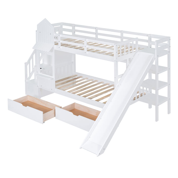Twin Over Twin Castle Style Bunk Bed With 2 Drawers 3 Shelves And Slide White