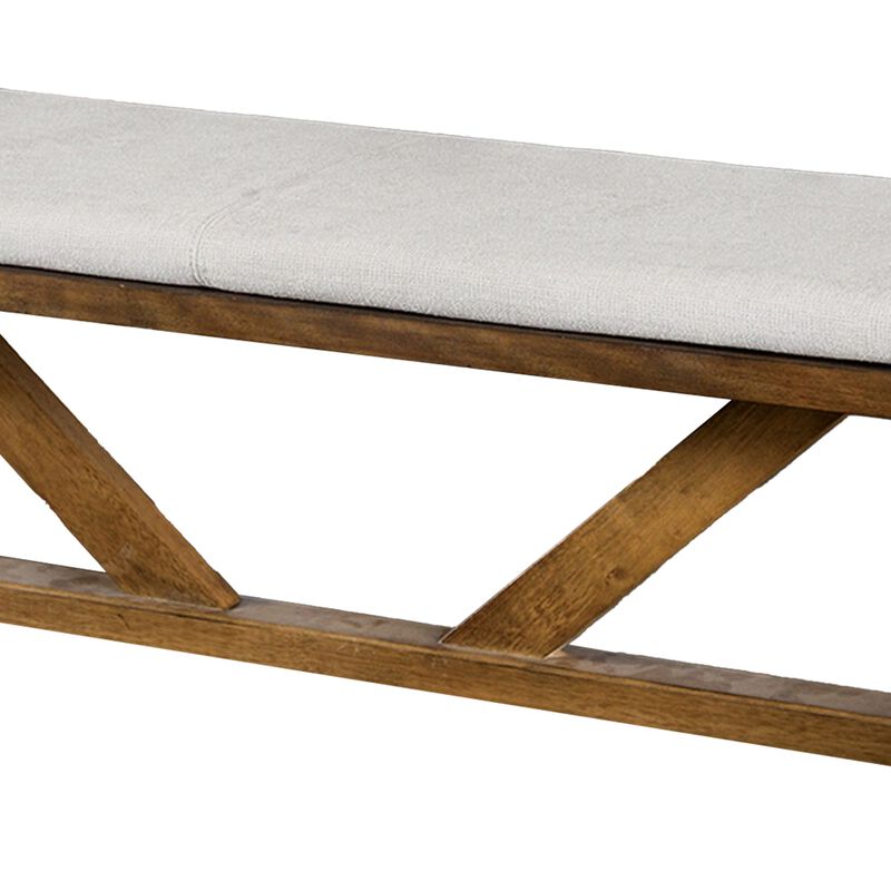 Jule Dining Bench, Trestle Base, 69 Inch, Brown Wood with Off White Seat