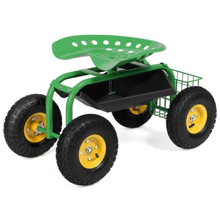 Hivvago Red/Green Garden Cart Rolling Work Seat With Heavy Duty Tool Tray Gardening Planting