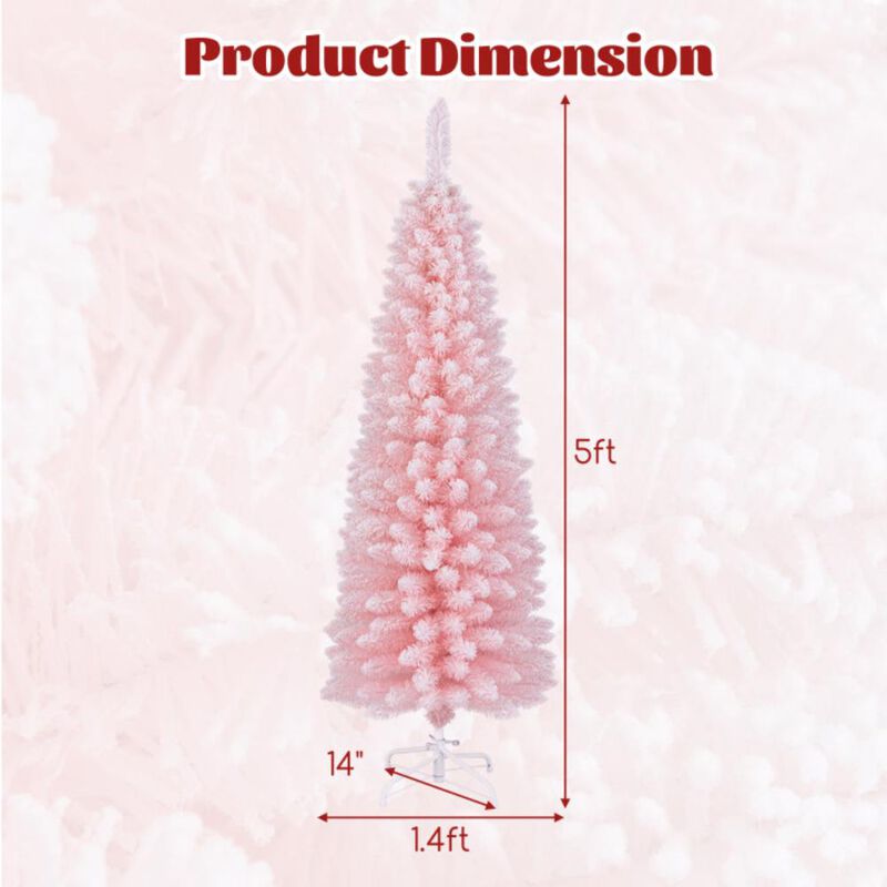 Hivvago Snow Flocked 5/6/7/8 FT Artificial Pink Xmas Tree with 328/460/635/1000 Branch Tips