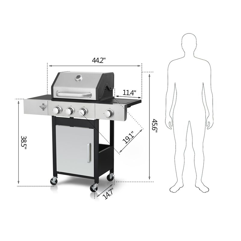 MONDAWE 3-Burner Propane Gas BBQ Grill with Side Burner, 37230BTU Output With Enameled Cast Iron Cooking Grids For Outdoor Barbecue, Stainless Steel