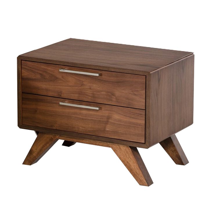 2 Drawer Wooden Nightstand with Metal Bar Handles and Angled Legs, Brown-Benzara 2 Drawer Wooden Nightstand with Metal Bar Handles and Angled Legs, Brown-Benzara