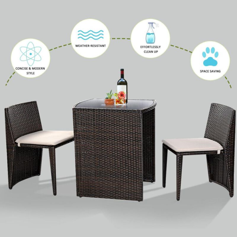 Hivvago 3 Pieces Cushioned Wicker Patio Bistro Set with No Assembly Needed