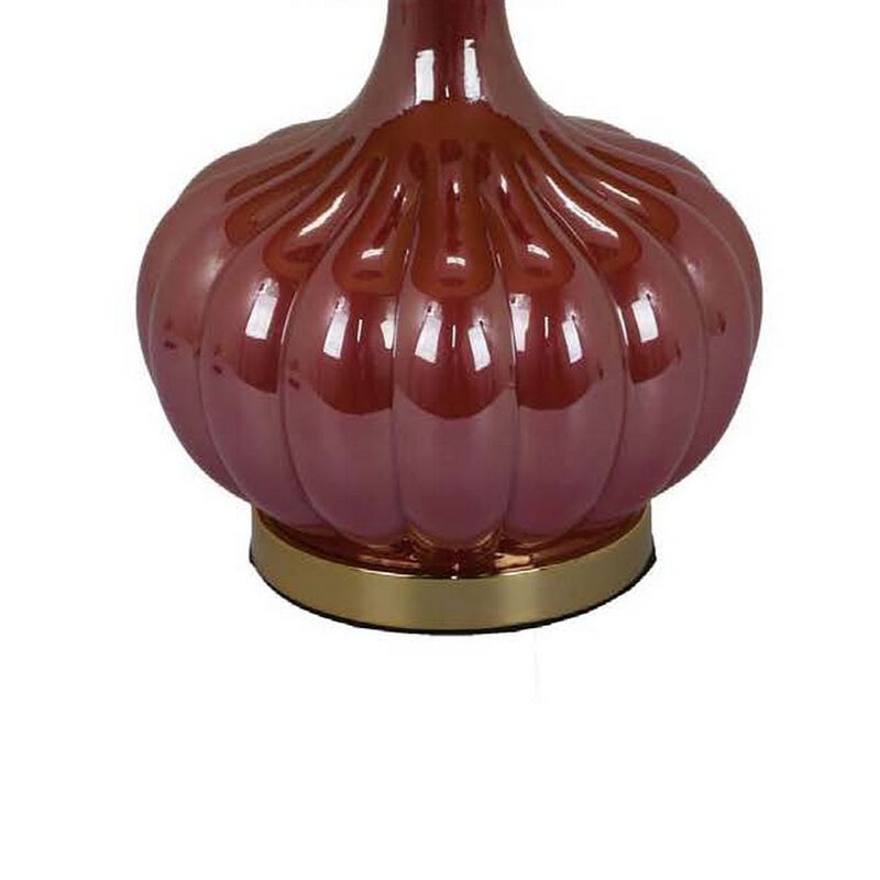 Gia 18 Inch Table Lamp, Drum Shade, Round Body with Vertical Ribs, Red - Benzara
