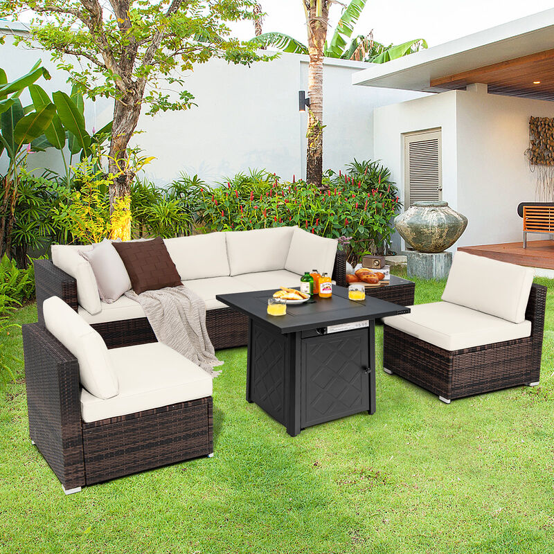 7 Pieces Patio Furniture Set with 28 Inches 50000 BTU Propane Gas Fire Pit Table