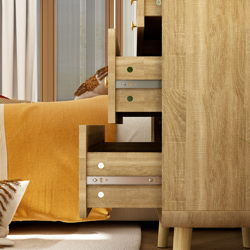 FUFU&GAGA 3-Drawer Nightstand, Modern Bedside Table with Rattan Fronts, Wooden Legs & Gold Handles, Spacious Storage for Bedroom (31.5" W x 32" H x 13.8" D), Natural Wood
