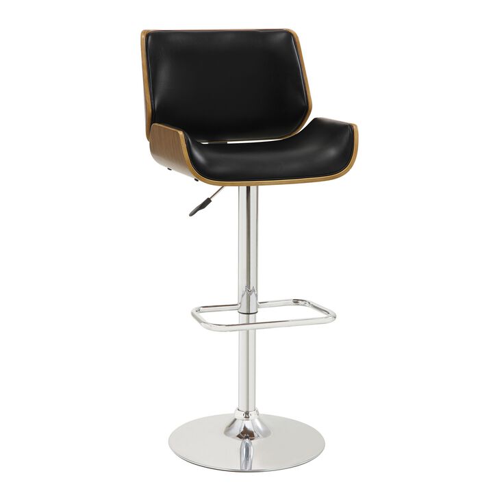 Contemporary Small Back Adjustable Bar Height Stool, Black & Walnut-Benzara