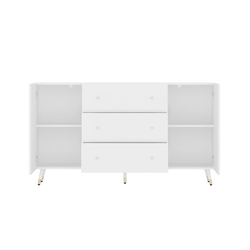 FUFU&GAGA Modern White Sideboard with Two Doors and Three Drawers, Gold Tapered Handles, and Storage Shelf (63" W x 15.7" D x 35.4" H), White