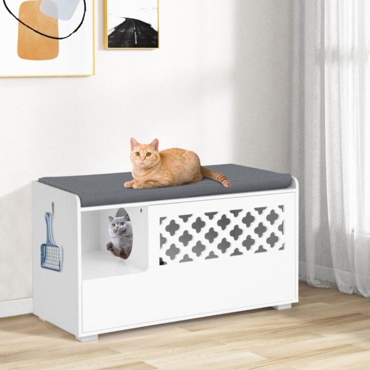 Hivvago Cat Litter Box Enclosure with Removable Cushion and Front Open Door-White
