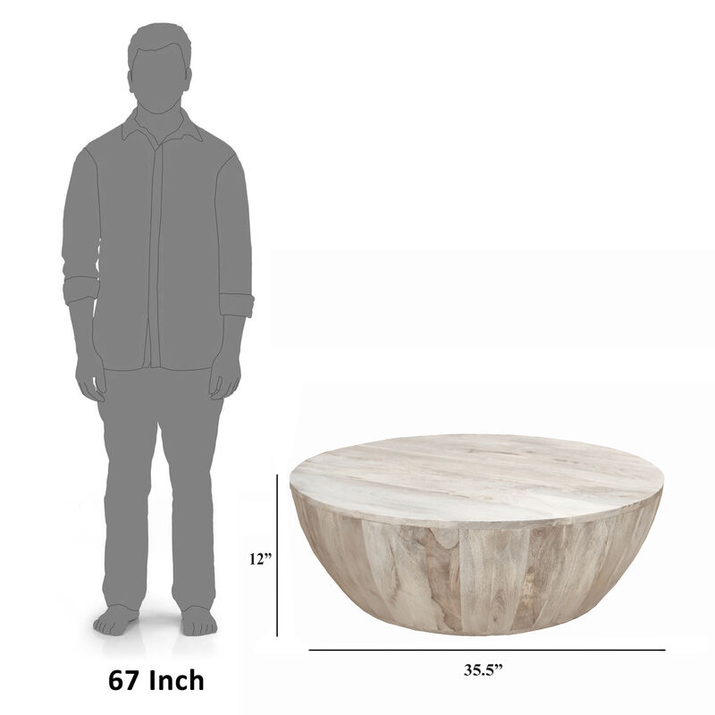 Arthur 35.5 Inch Round Mango Wood Coffee Table, Subtle Grains, Distressed White - Benzara
