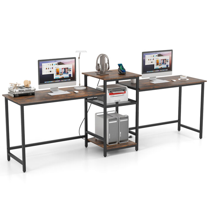2-Person Computer Desk with Power Outlet and Built-in Printer Stand for Office