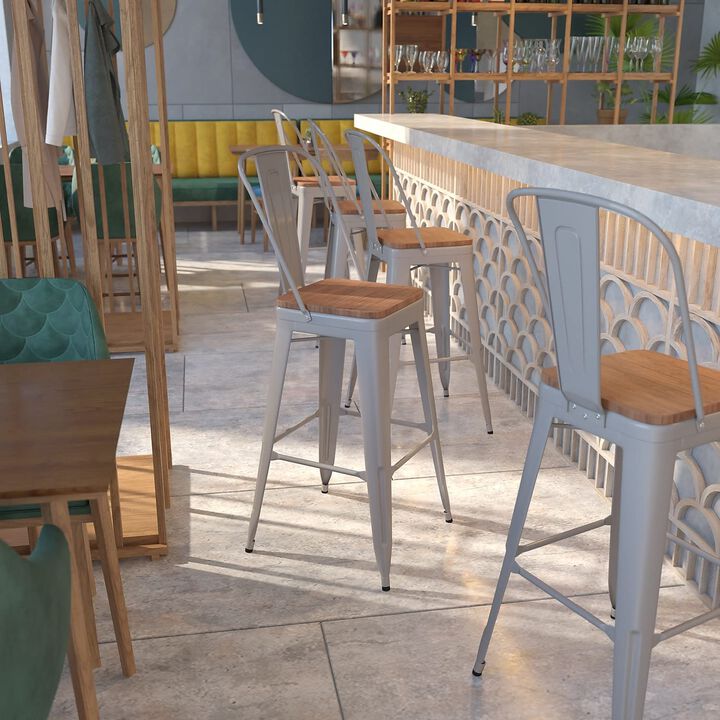 Flash Furniture Carly 24" High Crystal Teal-Blue Metal Counter Height Stool with Back and Wood Seat