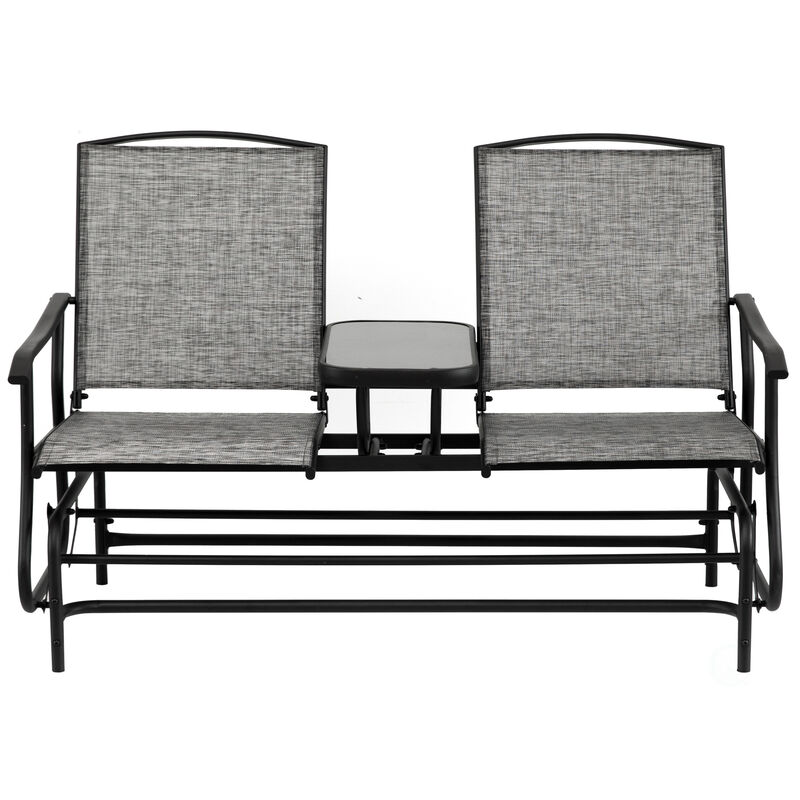 Two Person Outdoor Double Swing Glider Chair Set with Center Tempered Glass Table, Loveseat Lawn Rocker Bench
