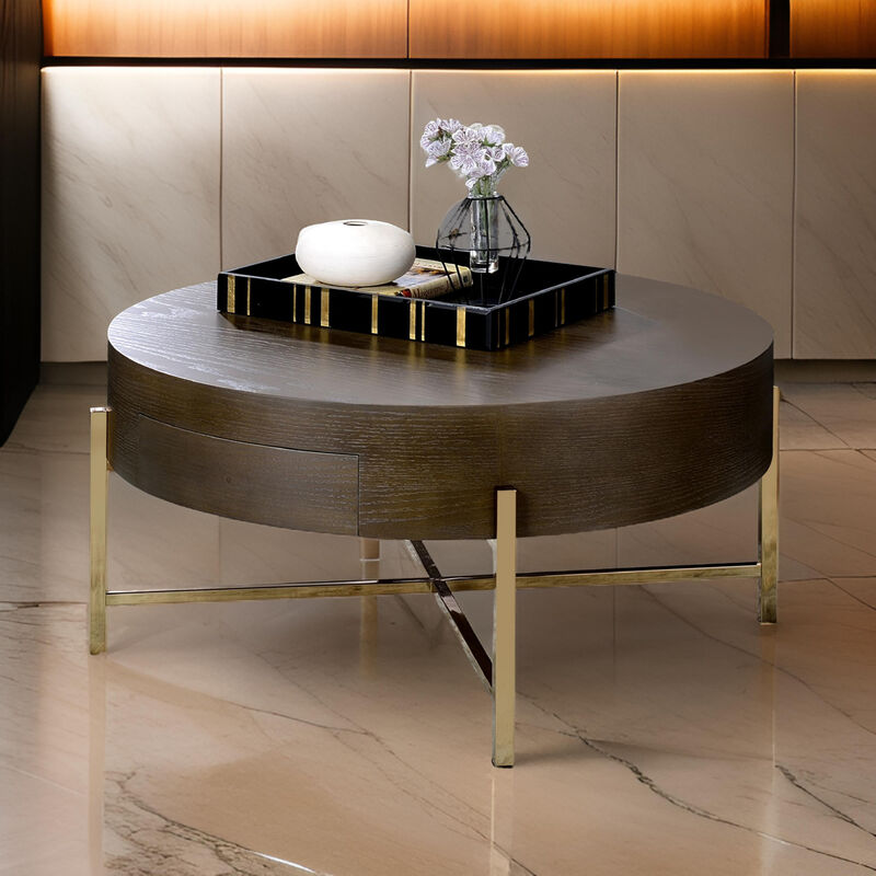 1 Drawer Round Modern Coffee Table with Crossed Metal Legs, Brown and Gold-Benzara