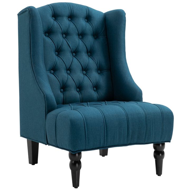 Dark Blue Wingback Beauty: Tufted Linen Accent Chair with Wooden Legs