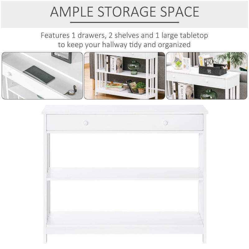 White Modern Console: Table with Drawers and Shelves for Living Room