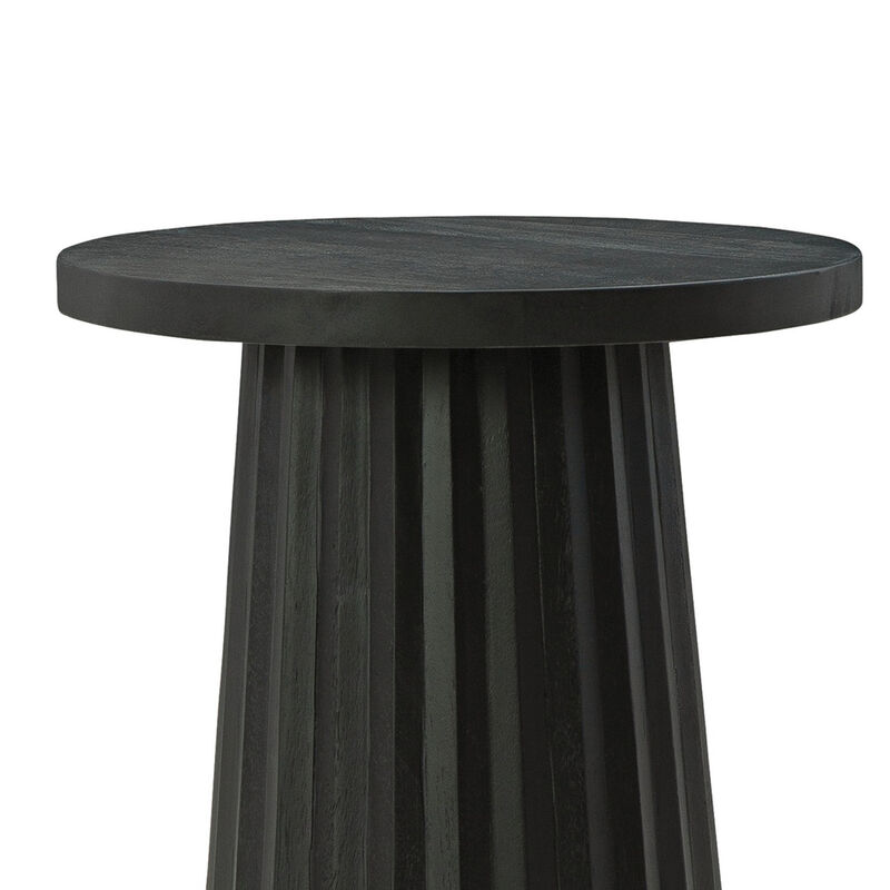Ceil Accent Table, Round Fluted Classic Black Solid Wood Base, 14 Inch - Benzara