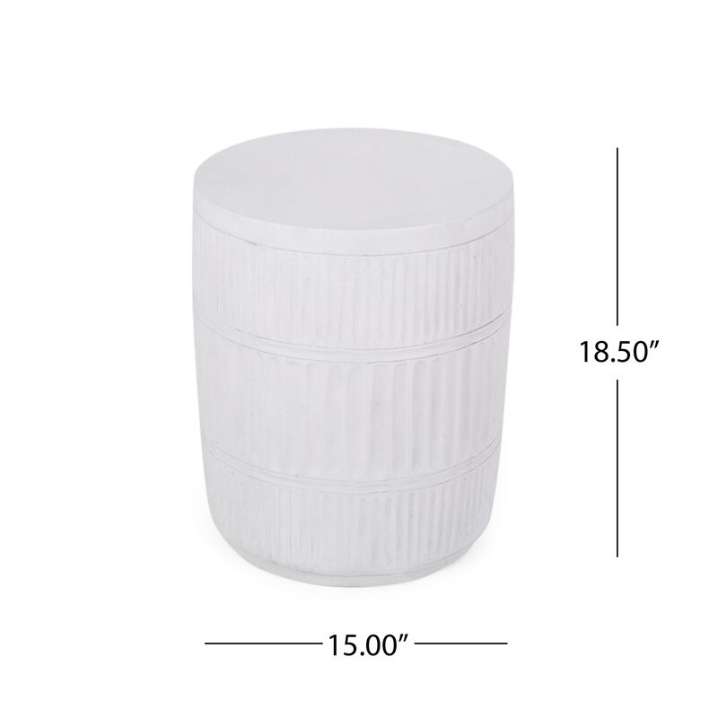End Table, White Faux Concrete, Round 15 Inch Top, Natural White - Benzara