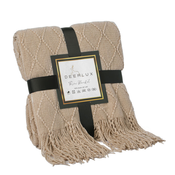 Decorative Knit Throw Blanket 50x60 in, Boasting a Durable Diamond Pattern Design and Elegant Fringe Edges - White, Lightweight, Breathable, Easy Care, Versatile, All-Season, Ideal for Lounging, Gift