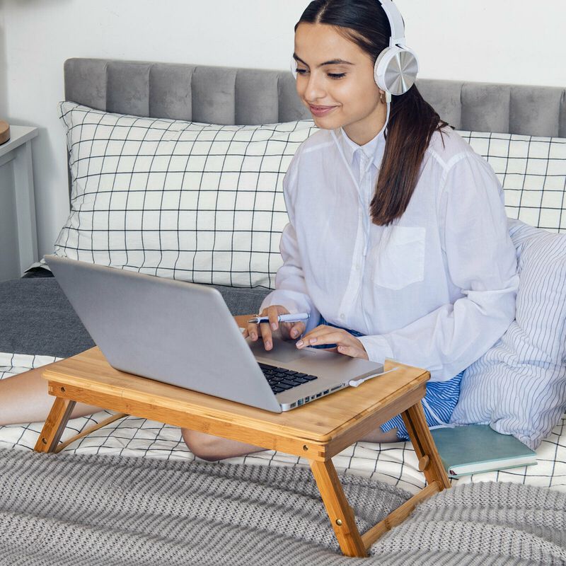 Adjustable Wicker Laptop Desk with Tilting Top and Drawer