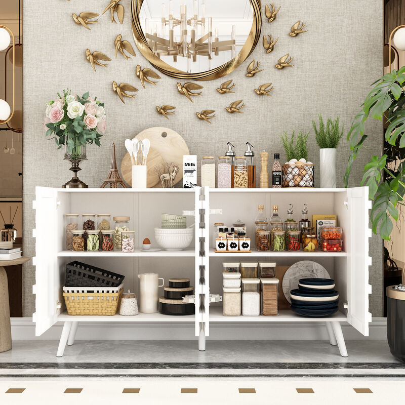 FUFU&GAGA Modern Storage Cabinet with White Embossed Design and Solid Wood Legs, Stylish Organizer for Living Room or Bedroom (55.1"W x 31.4"H x 15.7"D),White