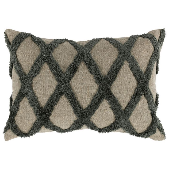 Lo 14 x 20 Lumbar Linen Accent Throw Pillow, Tufted Diamond Pattern, Green-Benzara