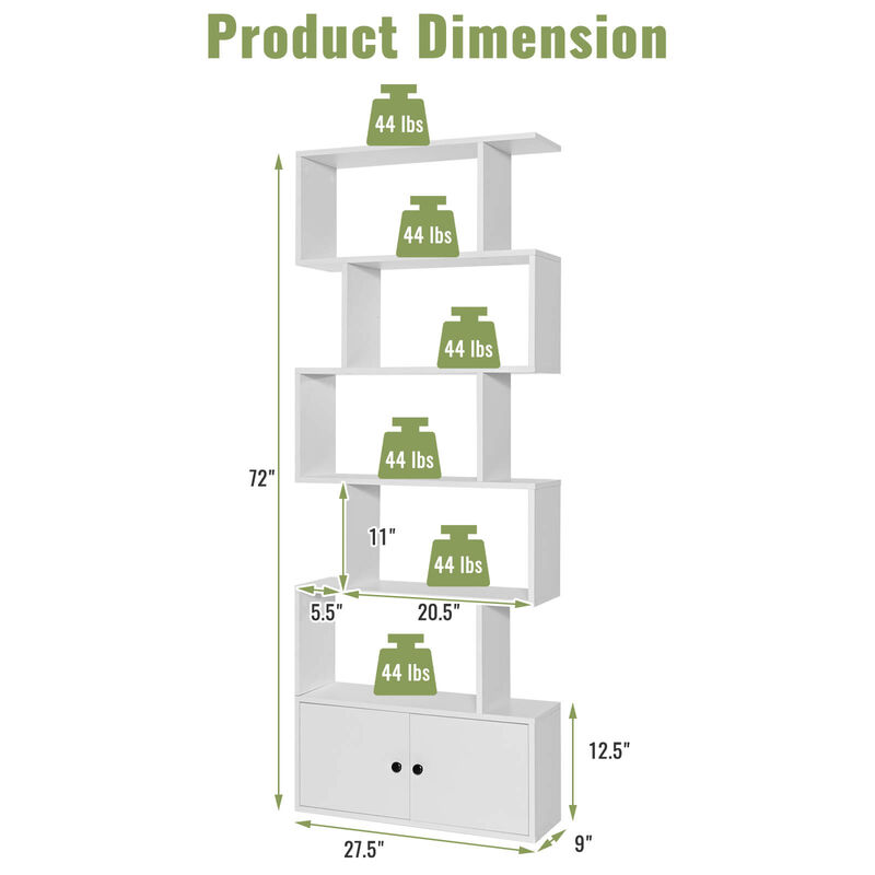 6-Tier S-Shaped Freestanding Bookshelf with Cabinet and Doors