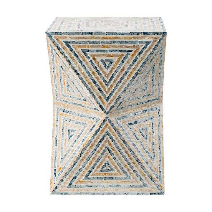 20 Inch Capiz Accent Stool Table, Hourglass Triangular, Off White Ivory-Benzara