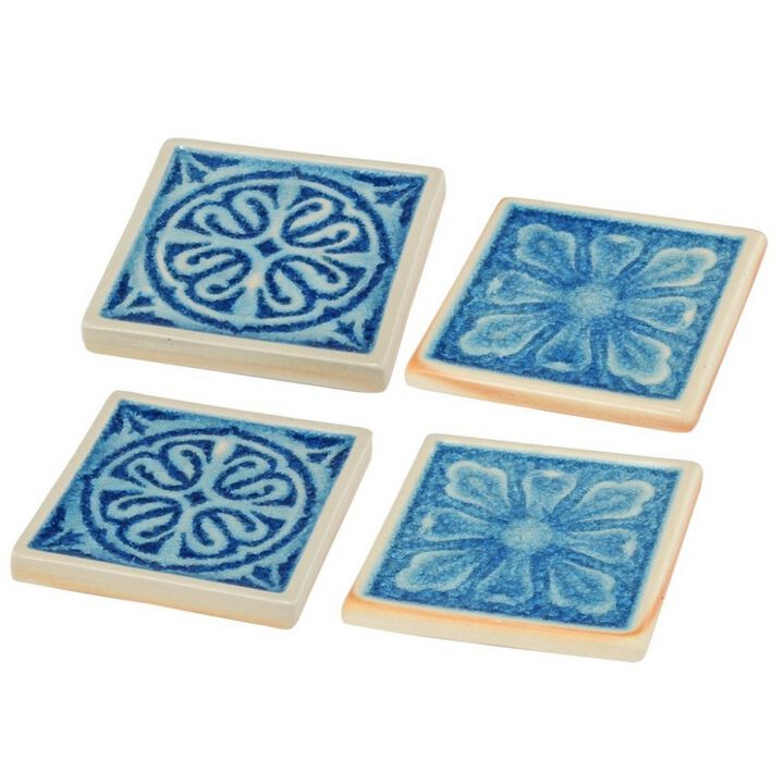 Square Shaped Ceramic Coaster with Intricate Detail, Blue and Cream, Set of Four - Benzara