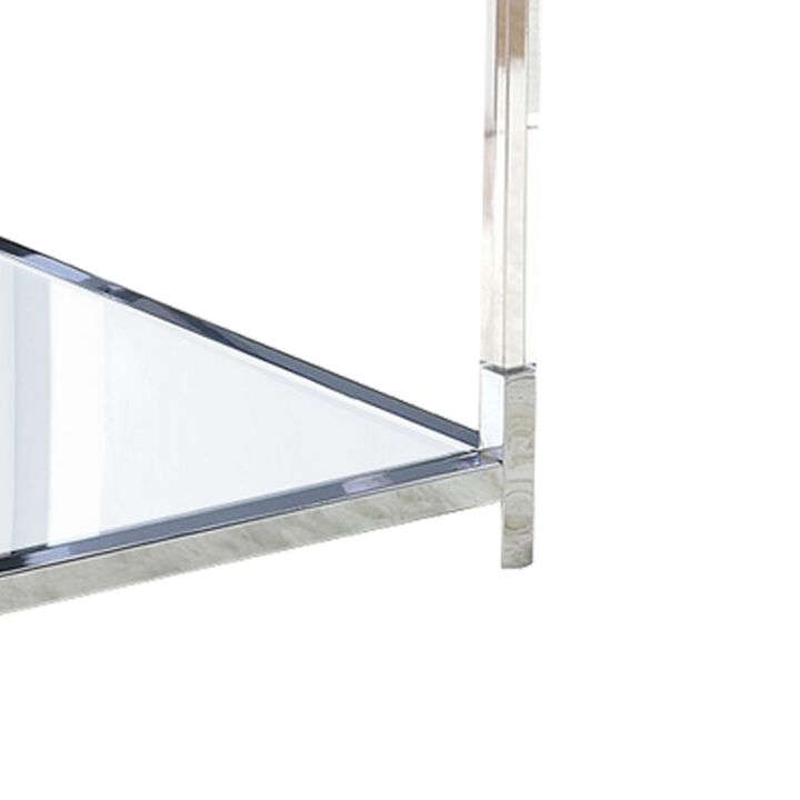 Glass Top Metal Coffee Table with Open Bottom Shelf, Silver and Clear-Benzara