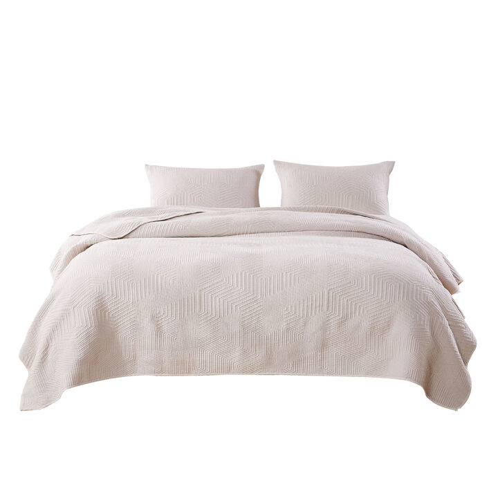 3 Piece Microfiber Full Size Quilt Set with Geometric Print, Cream - Benzara